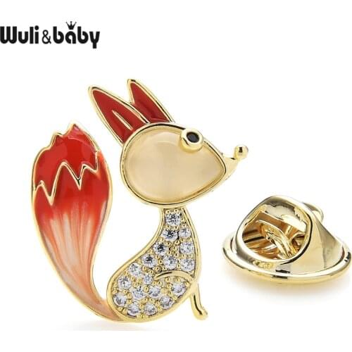 Wuli&baby Cute Rhinestone Fox Collar Pins Women Men Red Enamel Fox Animal Spring Brooch Pin Gifts