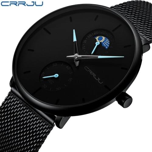 Luxury Brand CRRJU Men Watch Fashion Minimalist Large Face Dress Wrist Watch Modern 24 Hour Waterproof Full Steel Mesh Clock