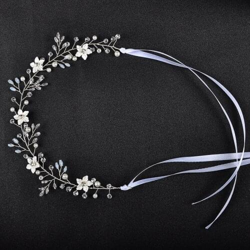 Silver Color Flower Crystal Long Headbands Bridal Wedding Pearl Hair Jewelry Accessories Head Plant Vine Decoration Ornament