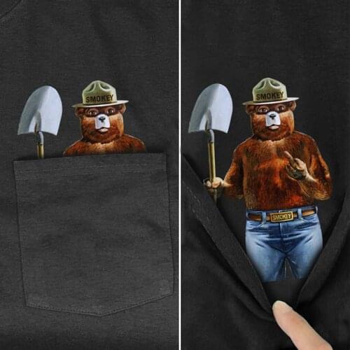 Smokey Bear Camping Pocket Tee T-Shirt Summer Cartoon Printed T-shirt Men Women Shirts Tops Black Cotton Tees Short Sleeve
