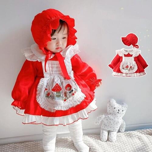 2PCS Baby Girl Spanish Dresses Infant Boutiques Clothes Kids Lolita Princess Ball Gown Childen Embroidery Red Dress + Hat