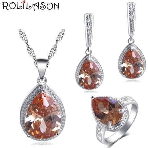 ROLILASON Champagne Zircon For Women Office Style Set Water Drop Design Earrings Necklace Rings Jewelry Sets JS740
