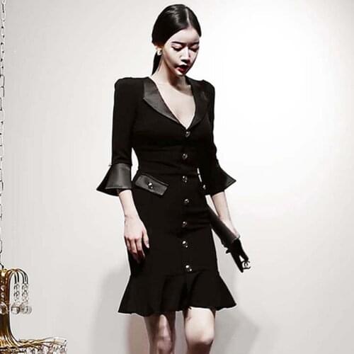 Fashion Summer Korean Vintage Butterfly Sleeve Midi Party Dress Ladies Elegant V-Neck Single Breasted Bodycon Ruffle Black Dress