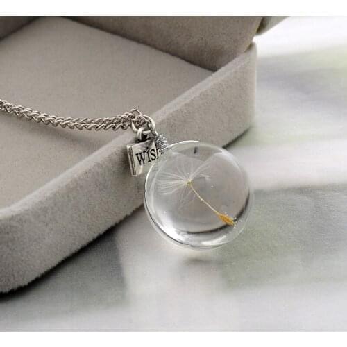 Fashion Wish Real Dandelion Crystal Necklace Glass Round Pendants Necklace Silver Chain Choker Necklace For Women