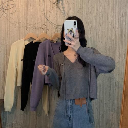 2020 New Early Autumn Korean Style Loose All-Matching V-neck Lace up Long-Sleeved Purple Knitwear Womens Tops Ins Sweater