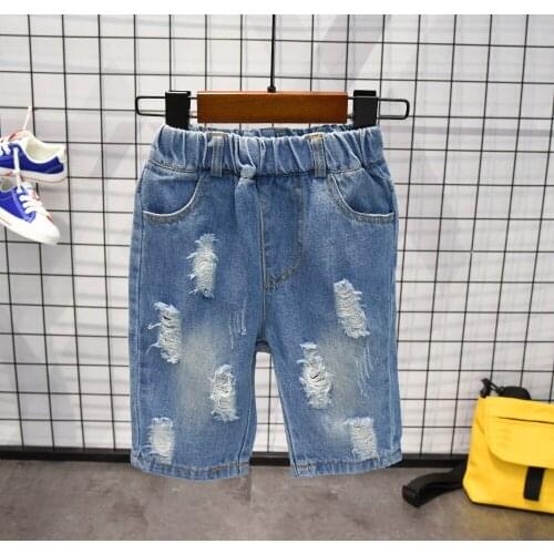 New Baby Boys Holes Jeans Shorts Pants Kids Summer Light Blue Denim Shorts For Boy Elastic Waist Cotton Children Clothing, 2-7Y