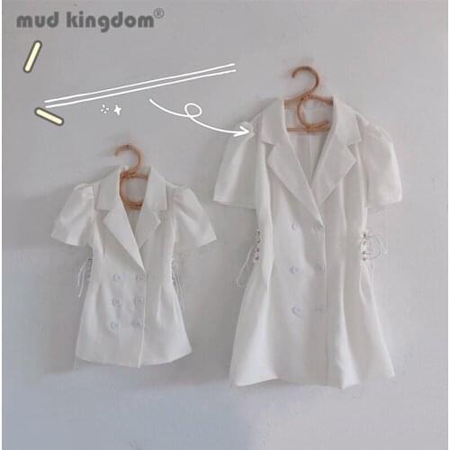 Mudkingdom Mother Daughter Dress Family Matching Clothes Summer Puff Sleeve Double Breasted Turn-down Collar Kids Suit Dresses