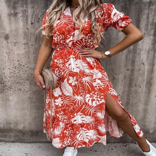 Summer Dress Women Clothing Robe Femme Print A-Line Dresses High Split Button Short Sleeve Long Dress For Woman Vestido De Mujer