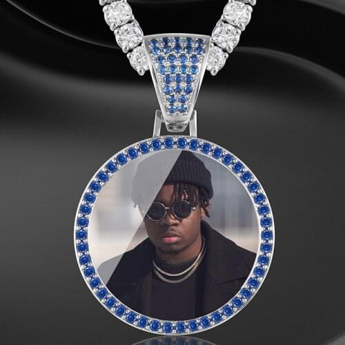 Blue Crystal Custom Picture Memory Medallion Solid Pendant Necklace Spcial Hip Hop Jewelry Personalize Cubic Zircon Tennis Chain