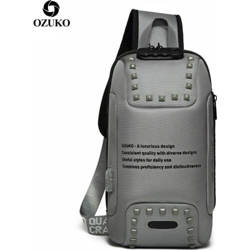 Men Rivet Messenger Bags Chest Pack Anti-theft Unisex Shoulder Bag Sports Running Bag for Boys and USB Charging Port