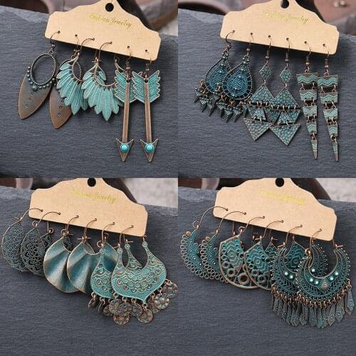 Vintage Boho Ethnic Green Arrow Metal Earrings For Women Boho Tassel Long Dangle Earrings Set Statement Fashion Jewelry 2020