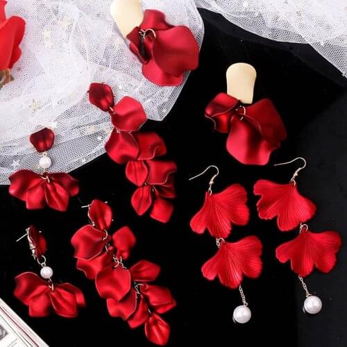 YAOLOGE New Shiny Side New Fashion Brand Jewelry Red Rose Flower Long Dangle Earrings For Women Elegant Korean Tassel Earrings