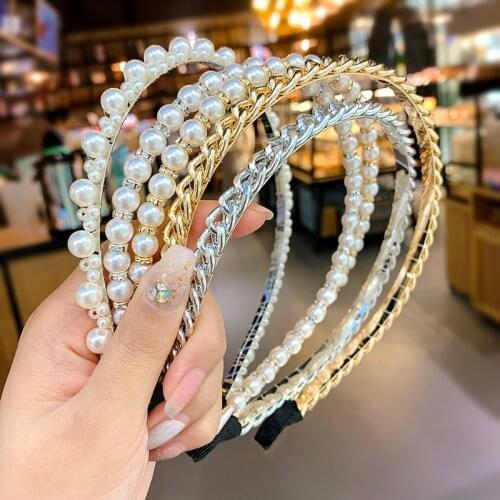 Pearl Hairbands Women Hair Accessories Design Handmade Bow Chain Hair Hoops Girls Bling Headband Wedding Bridesmaid Party Bridal