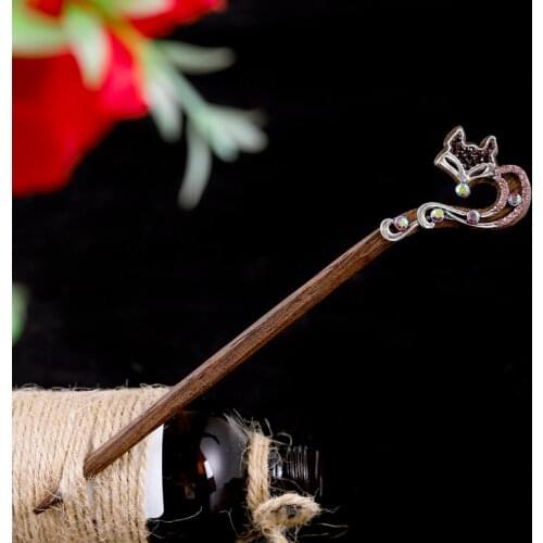 Morkopela Fox Animal Wood Hair Stick Vintage Banquet Rhinestone Hairpin Accessories Women Hair Jewelry