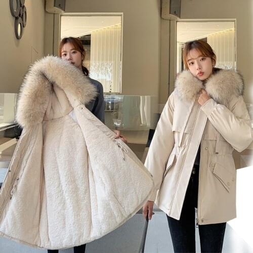 New Wool Liner Womens Winter Jacket Thick Hooded with Fur Zipper Ladies Parka Solid Long Sleeve Warm Down Coat for Female 2021