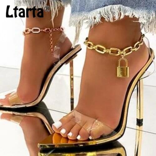 LTARTA Summer Fashion Transparent Metal Chain Female Sandals Nightclub Banquet High Heels Large Size Sandals 35-42 JXQ