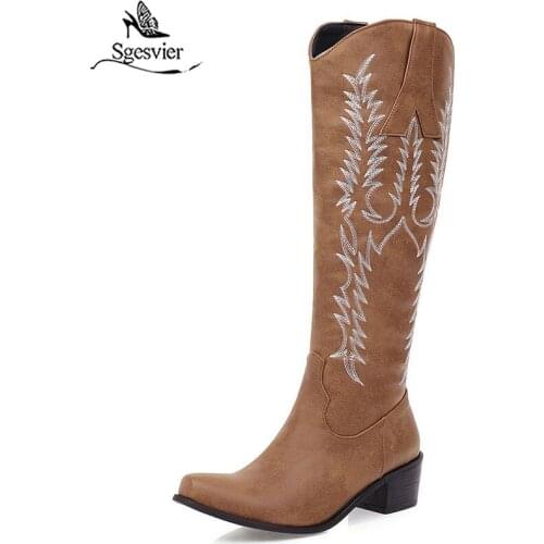 Sgesvier New Sexy Woman Boots Black Brown Red Knee High Boots Square toe Slip On Autumn Winter Thigh High Boots Martin Botas