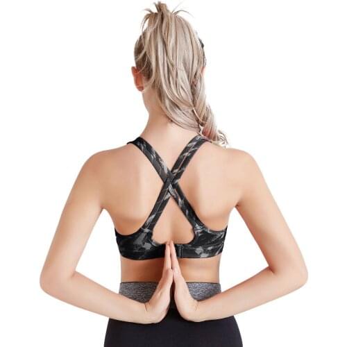 Brassiere Sport Woman Fitness Bra Yoga Nylon Print Underwear Cross Straps Back Adjustable Plus Size Sports Bra Padded Top Female