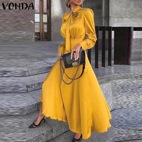 Satin Dress VONDA Women Long Sleeve Maxi Long Dresses Bohemian Vestidos Plus Size Beach Sundress Loose Robe Plus Size 5XL