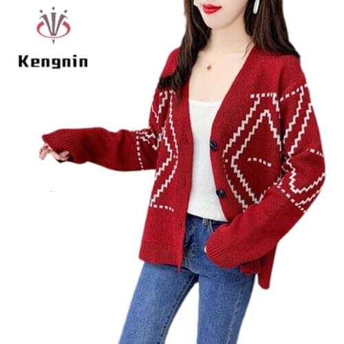 Winter Black White Argyle Women Sweaters Cardigan Loose Vintage Knitted European Style Ladies Jackets Outerwear Basic Coat KN289