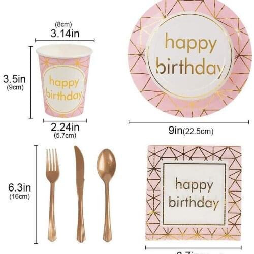 Gold stamping birthday happy tissue paper plate cup tray tableware party supplies set Birthday Party Decorations Kids/Adult 40pc