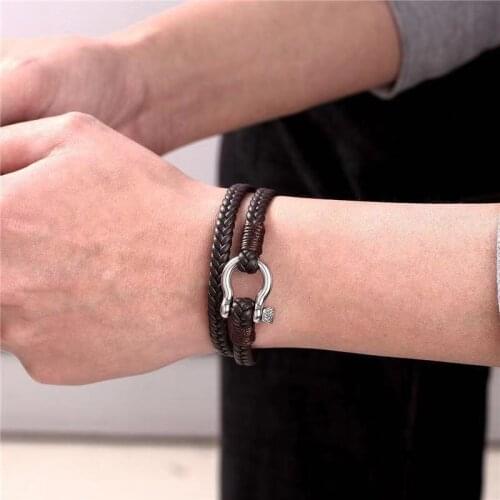 2021Quality Stainless Steel Shackle Buckle Leather Survival Bracelet For Men Nautical Sailor Surfer Wristband Jewelry Gift