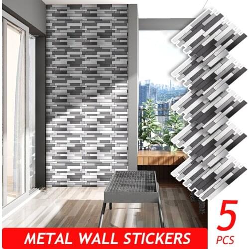 5PCS Metal Brick Shape Wall Stickers Self-adhesive Panel for Kitchen Bathroom Home Decor Living Room Fireproof Waterproof PVC