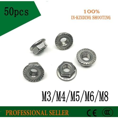 50PCS M3/M4/M5/M6/M8 304 stainless steel flange nut,lock nut,lock hex flange nut hardwar antiskid nut
