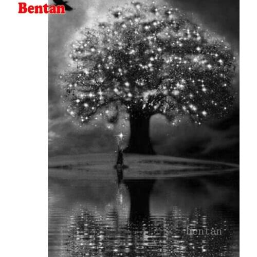 Abstract tree bird black and white art 5d Diamond Painting full Square round resin DIY Diamond Embroidery Mosaic diamond decor