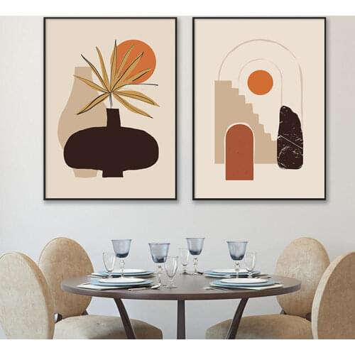 Abstract Geometric Boho Style Beige Canvas Paintings Wall Art Posters Print Pictures for Living Room Interior Home Decoration