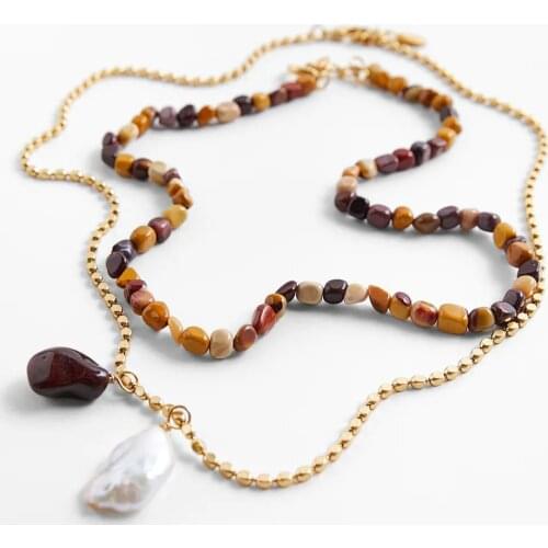 Bohemia Pack of Natural Baroque Pearl And Stone Necklaces Colored Irregular Polished Rock Stone Layerd Necklaces Daily Jewelry