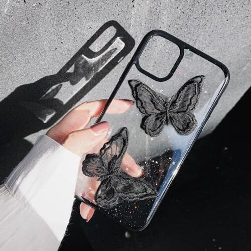 Black Lace Butterfly Phone Case For Iphone 6S 8 7 Plus 11 12 Pro Max Xs Max X XR Luxury Shining Soft Case Colorful Fashion Shell