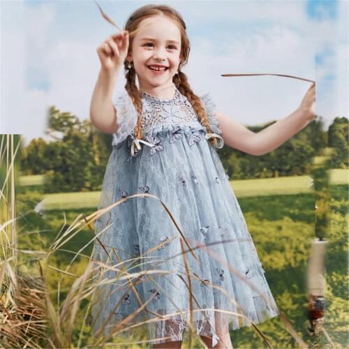 Childrens Clothing Flower Girl Prom Gown Butterfly Print Birthday Dress Floral Hollow Out Mesh Vestidos 3-8Y Girls Casual Dress