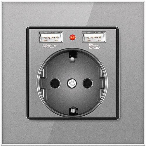 EU Standard Electrical Socket Crystal Glass Panel Wall Germany EU Socket Power USB Outlet AC110-250V 16A Gray
