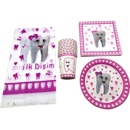 Happy Baby Shower Girls Favors Pink First Tooth Theme Napkins Decoration Tableware Tablecloth Birthday Party Cups Plates 61pcs