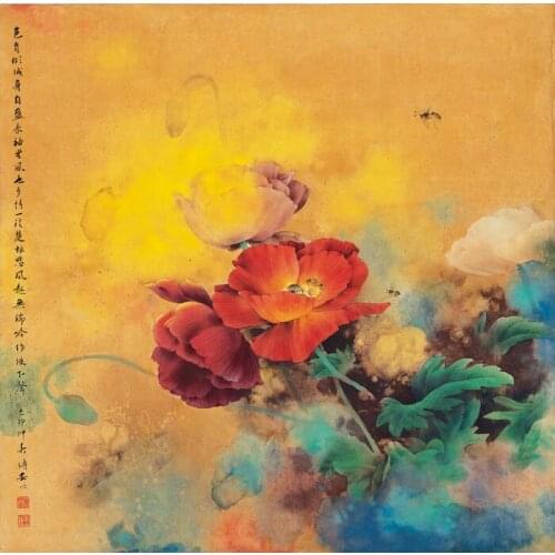 Chinese beautiful red flower bees scenery oil painting canvas printings printed on canvas home wall art decoration picture