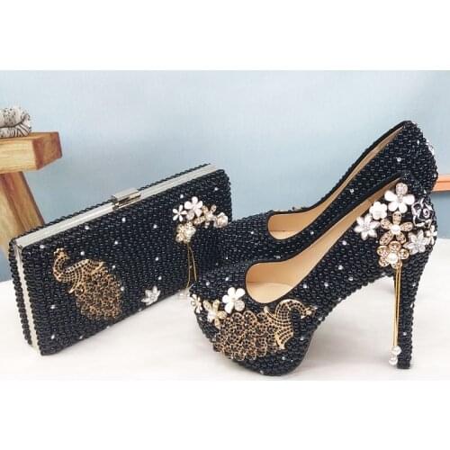 BaoYaFang Black pearl beads Womens wedding shoes and bags set woman fashion party dress peacock female shoes high Pumps purse