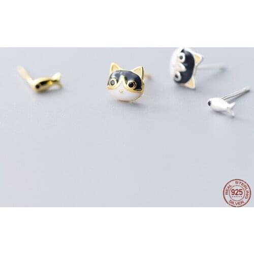 LKO 925 Sterling Silver Cute Cat Fish Asymmetrical Stud Earrings For Women Earrings Party Fine Jewelry MInimalist Accessories