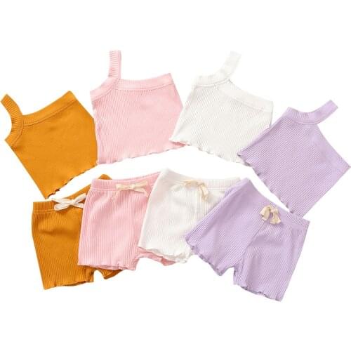 Summer Cute Infant Baby Girls Clothes Sets One Shoulder Solid Knit Sleeveless Vest Tops Shorts 2pcs Outfits 0-18M