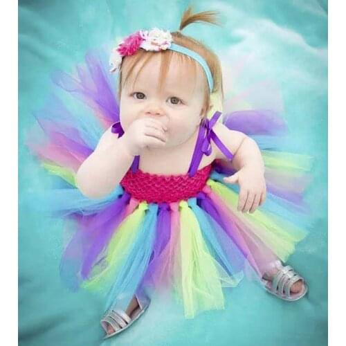 Cute Baby Crochet Tutu Dress Infant Girls 1Layer Tulle Dress with Flower Headband Newborn Party Strap Dress Photography Costume