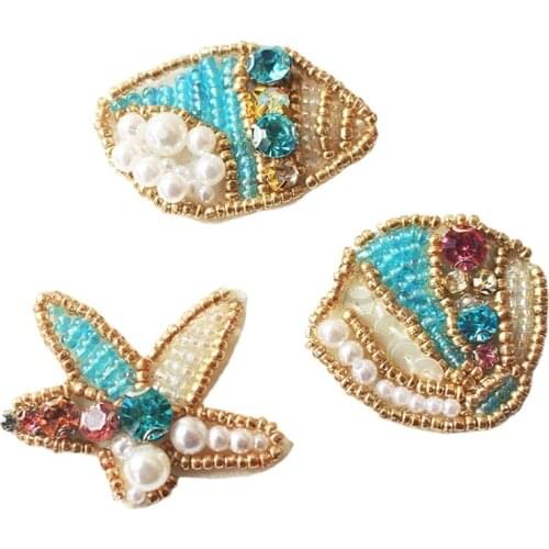 Set of 3 Shell Rhinestone Beaded Patches for Clothing Sewing on Beading Applique Clothes Bags Shoes Bags DIY Accessories