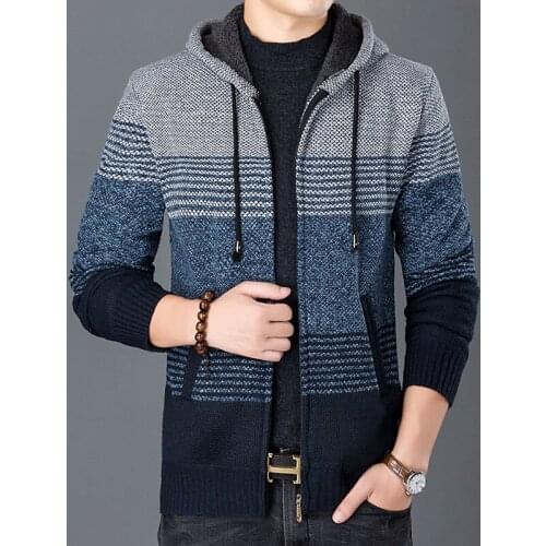 2021 Autumn Korean Hooded Mens Sweater with Thick and Velvet Mens Cardigan Knitted Sweater Coat Patchwork Jacket Male M-3XL