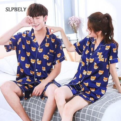 SLPBELY Couple Pajamas Set Homesuit Summer Silk Cartoon Bear Lapel Men And Women Pyjamas Lovers Homewear Sleepwear Night Suit