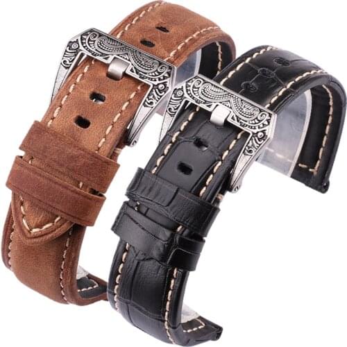 22mm 24mm Genuine Leather Watchbands Men Black Brown Orange Wrist Watch Band Strap Belt Retro Brushed Buckle For Panerai