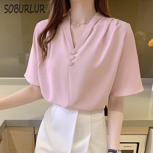 Womens Shirt Chiffon Casual Short Sleeve Blouse Women Summer 2021 V-neck Vintage Blouses White Shirts Loose Solid Tops Blusas