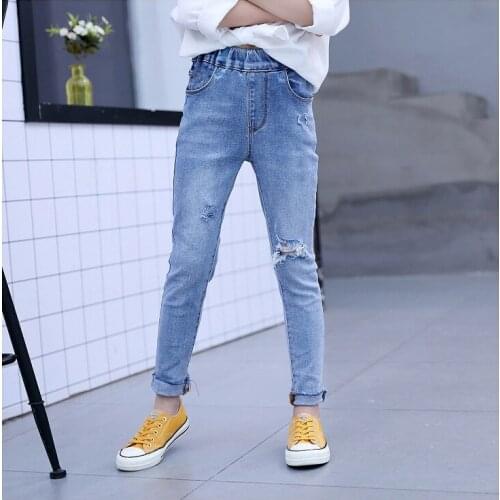 Girls stretch hole jeans children Summer light stretch casual straight trousers boys fashion wild pants