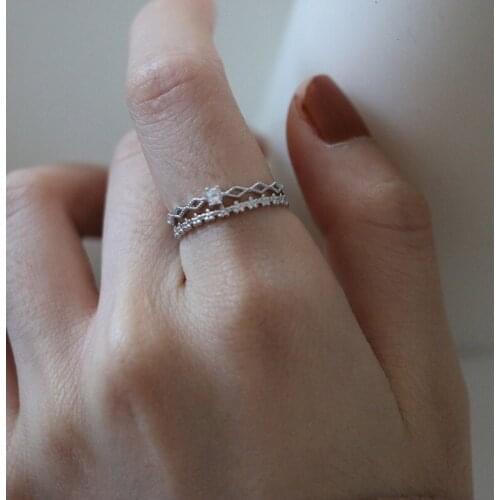 925 Sterling Silver Flower Adjustable Shiny Zircon Wedding Elegant Fashion Double Layer Index Finger Ring Jewelry for Women Gift