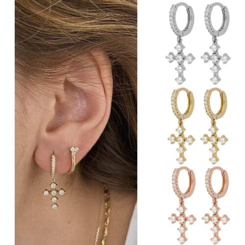 Lucky 14K Gold Filled Cross Cubic Zircon Drop Earrings For Women Dazzling CZ Ear Fashion Unisex Gift Jewelry Accessories