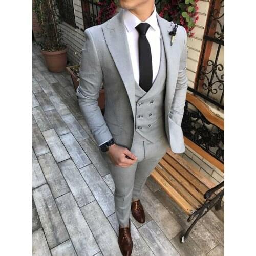 2020 Light Grey 3 Pieces Formal Business Mens Suit (Jacket +Pants+Vest) Casual Groom Tuxedo Prom Wedding Suits Best Man Blazer