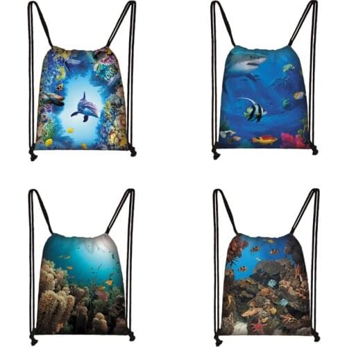 Underwater WorldDolphin/Turtle Cute Cartoon Print Drawstring Bag Children Backpack Dust Lightweight high-capacity Shopping Bag